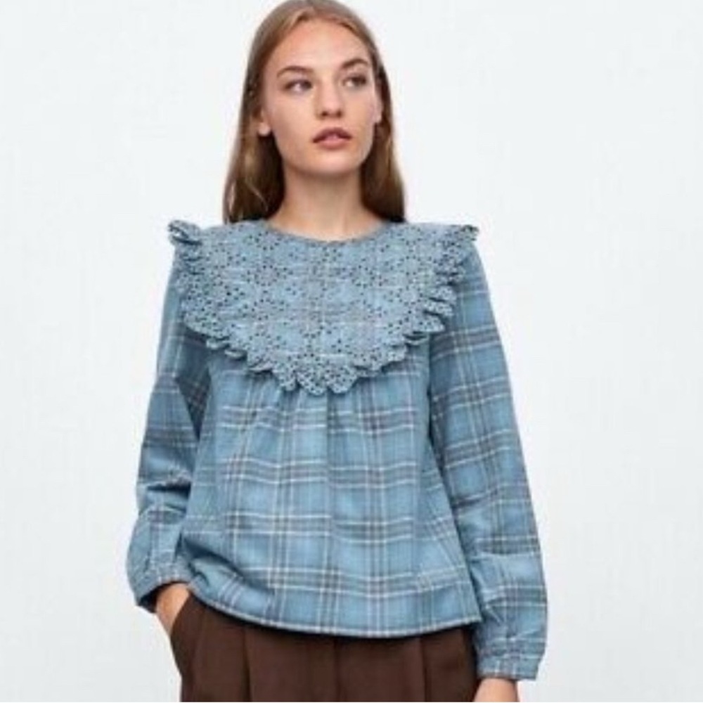 ZARA Eyelet Bib Corduroy Plaid Blouse